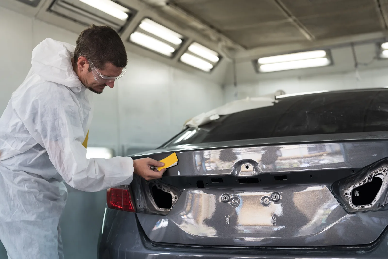 Auto body technician reviewing paint color samples with a customer in a collision repair shop