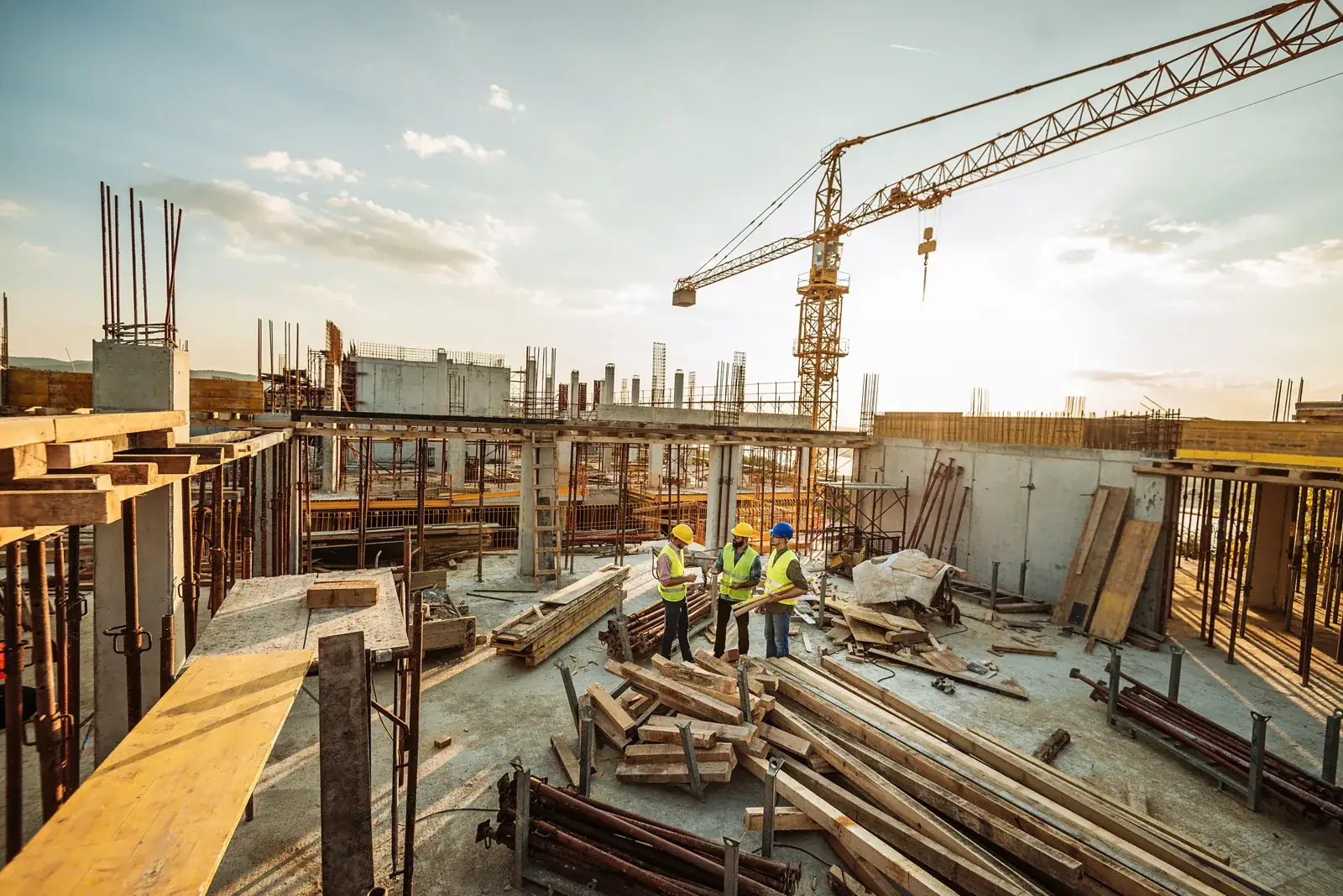 Engineers reviewing building plans together on an active commercial construction site, with a tower crane overhead