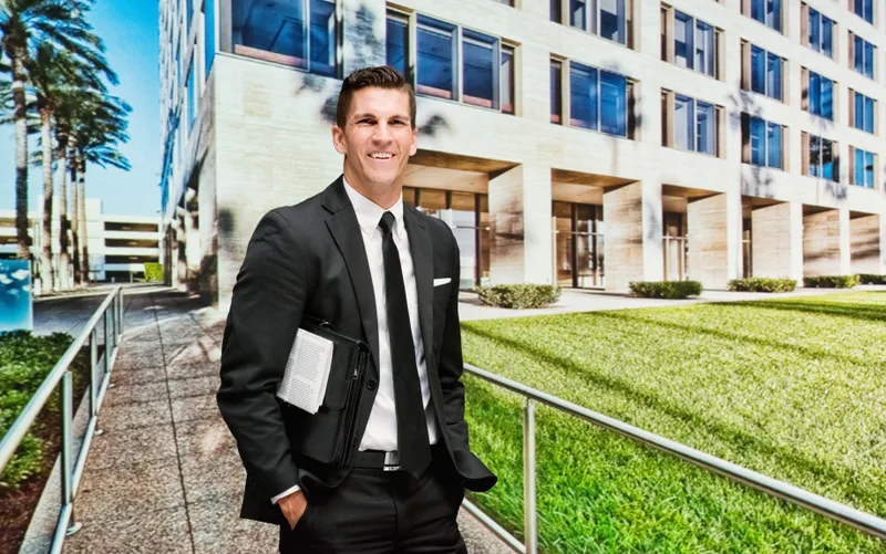 Commercial real estate broker outside an office building