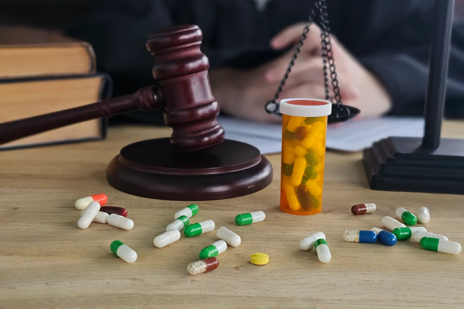 Pharmaceutical injury attorney reviewing a client's prescription history and medical records during an in-office consultation