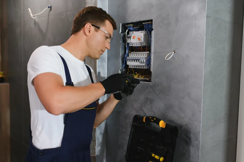 Electrician working on an electrical panel inside a home