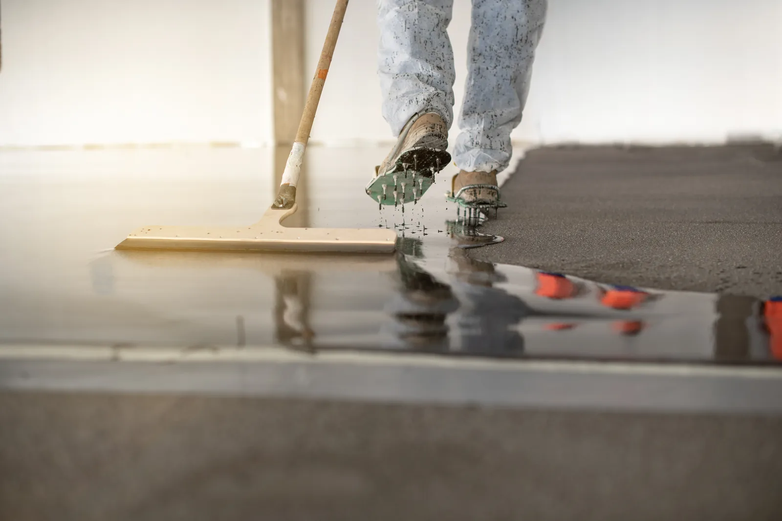 Installer in knee pads spreading decorative color flakes across a freshly coated epoxy garage floor
