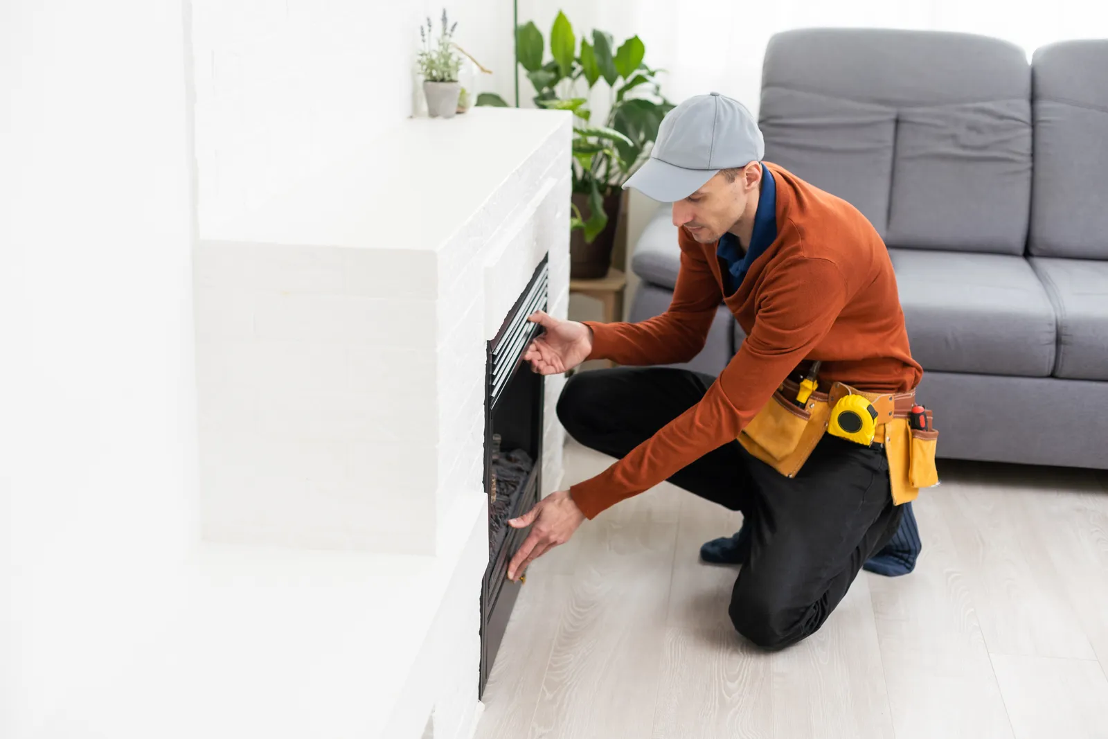 Installer fitting a gas fireplace insert into a living room hearth surround