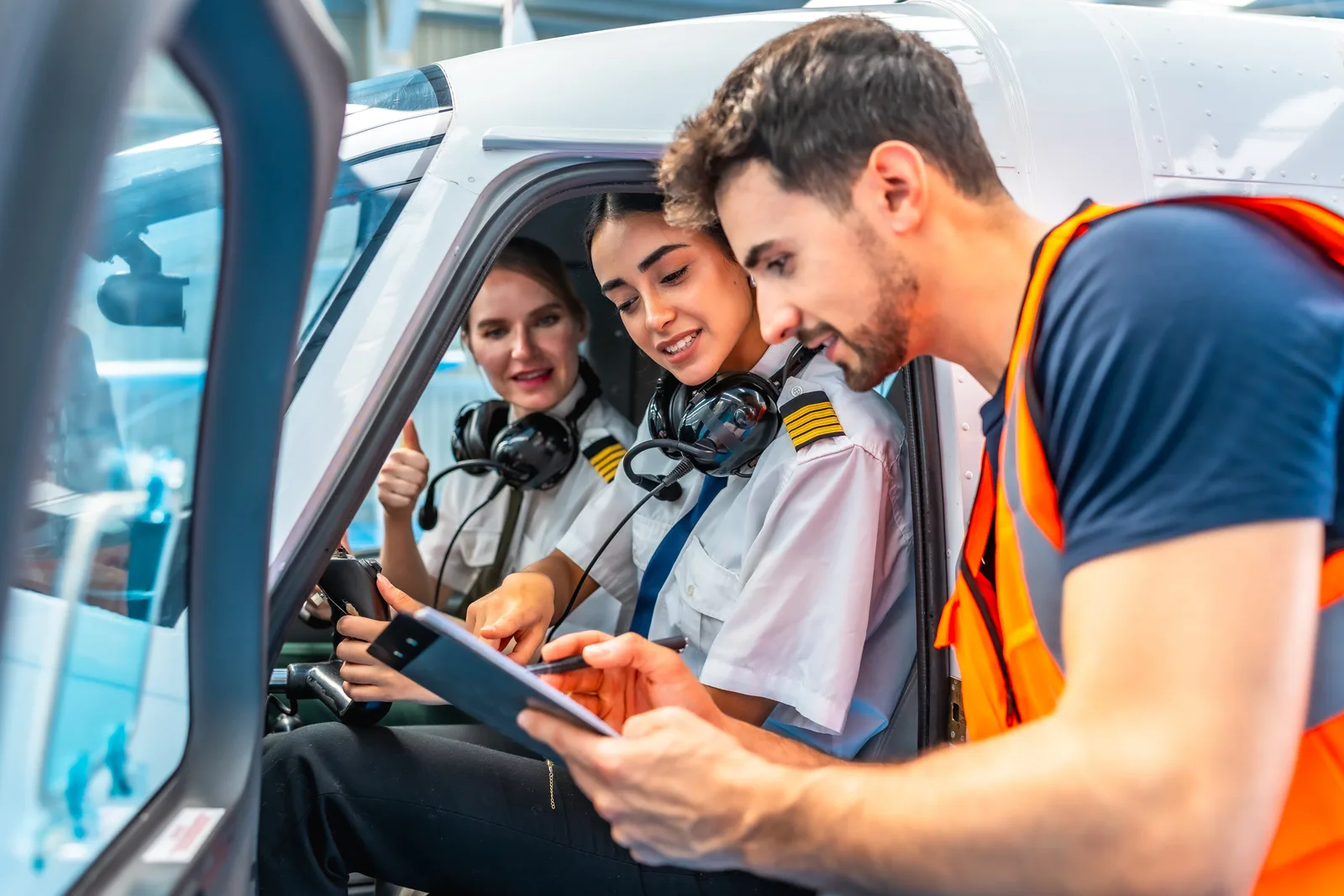 Flight instructor and student pilot doing a preflight inspection beside a small training airplane on the ramp
