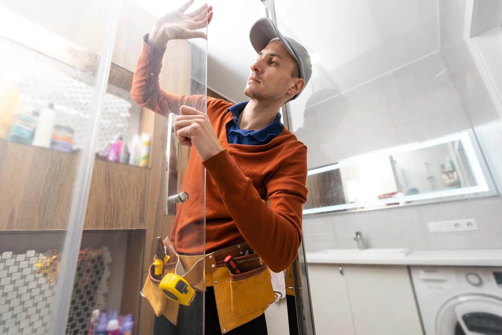 Glazier in work gloves setting a frameless glass shower door into place in a modern bathroom