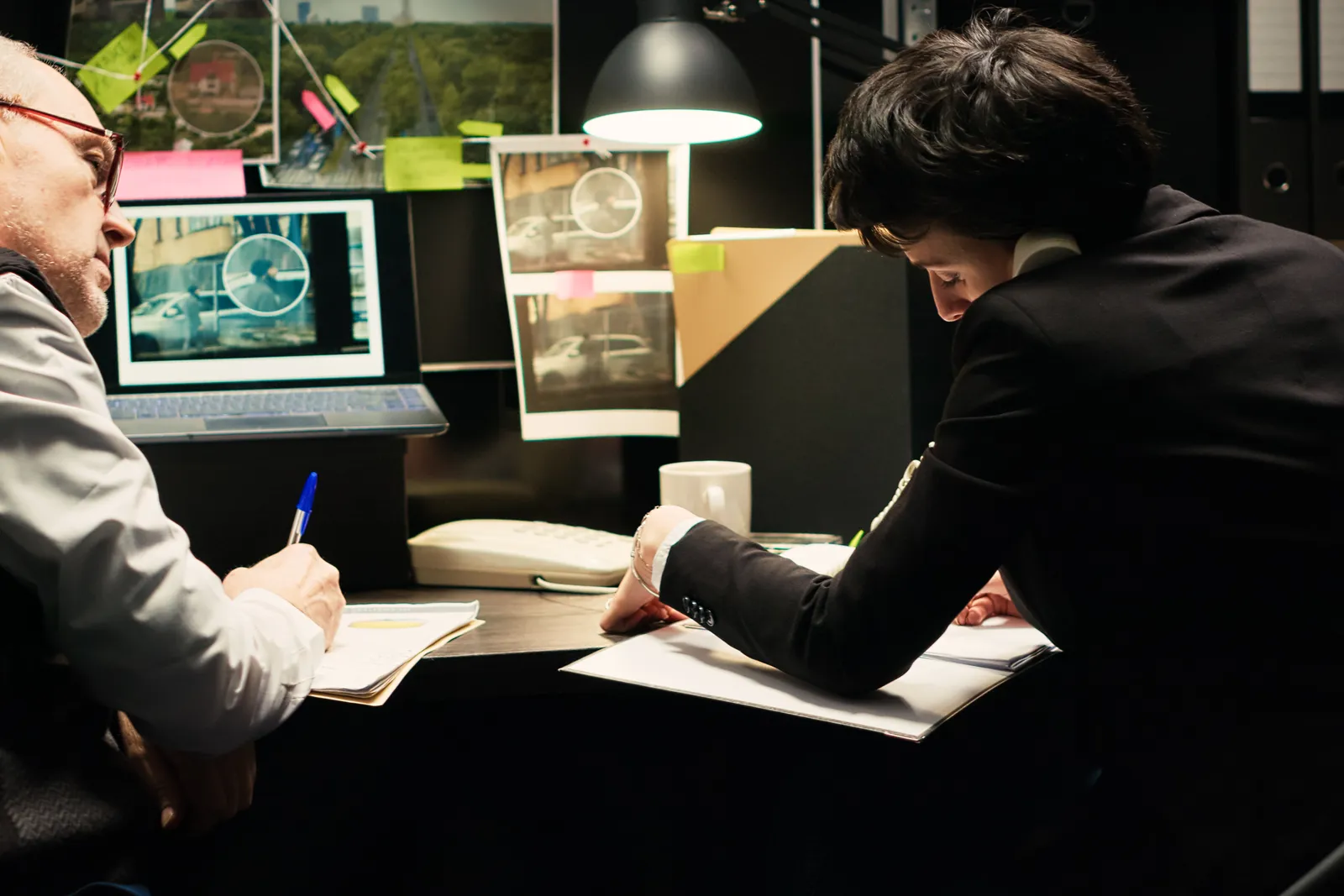 Hit and run accident attorney reviewing a police report and surveillance camera footage with a client at a law office conference table
