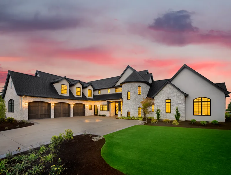 Luxury custom home exterior at dusk