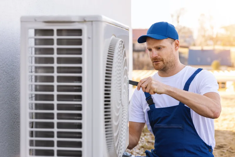HVAC technician servicing an air conditioning unit outside a home