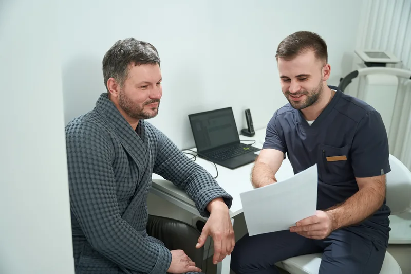 A LASIK surgeon reviewing pre-operative eye scans with a patient before a refractive surgery consultation