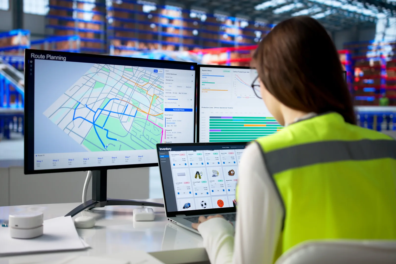 Dispatcher reviewing live driver routes, delivery ETAs, and proof-of-delivery photos on a laptop map dashboard in a delivery operations office