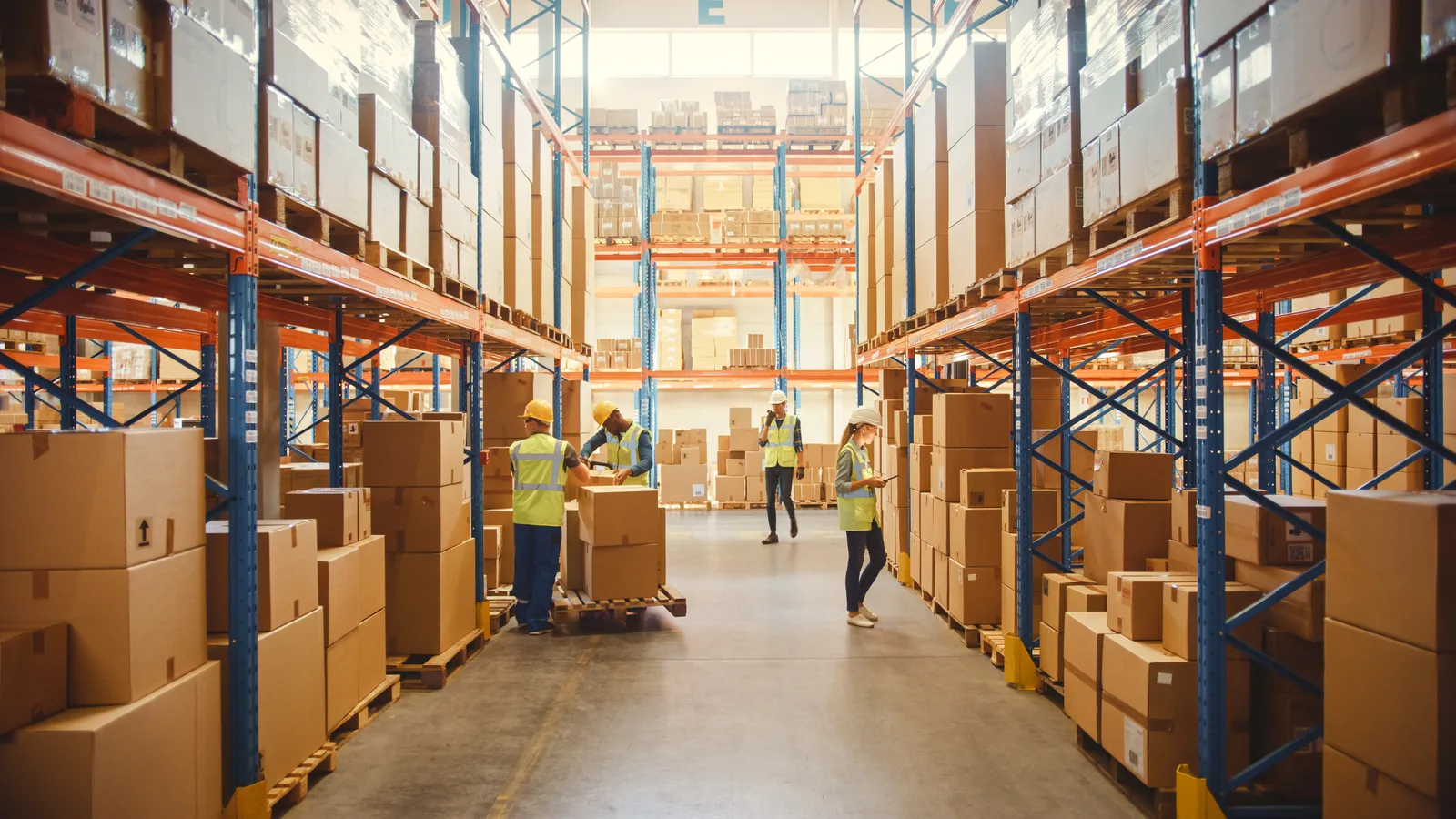 A warehouse worker scanning inventory on a pallet rack inside a busy third-party logistics fulfillment center