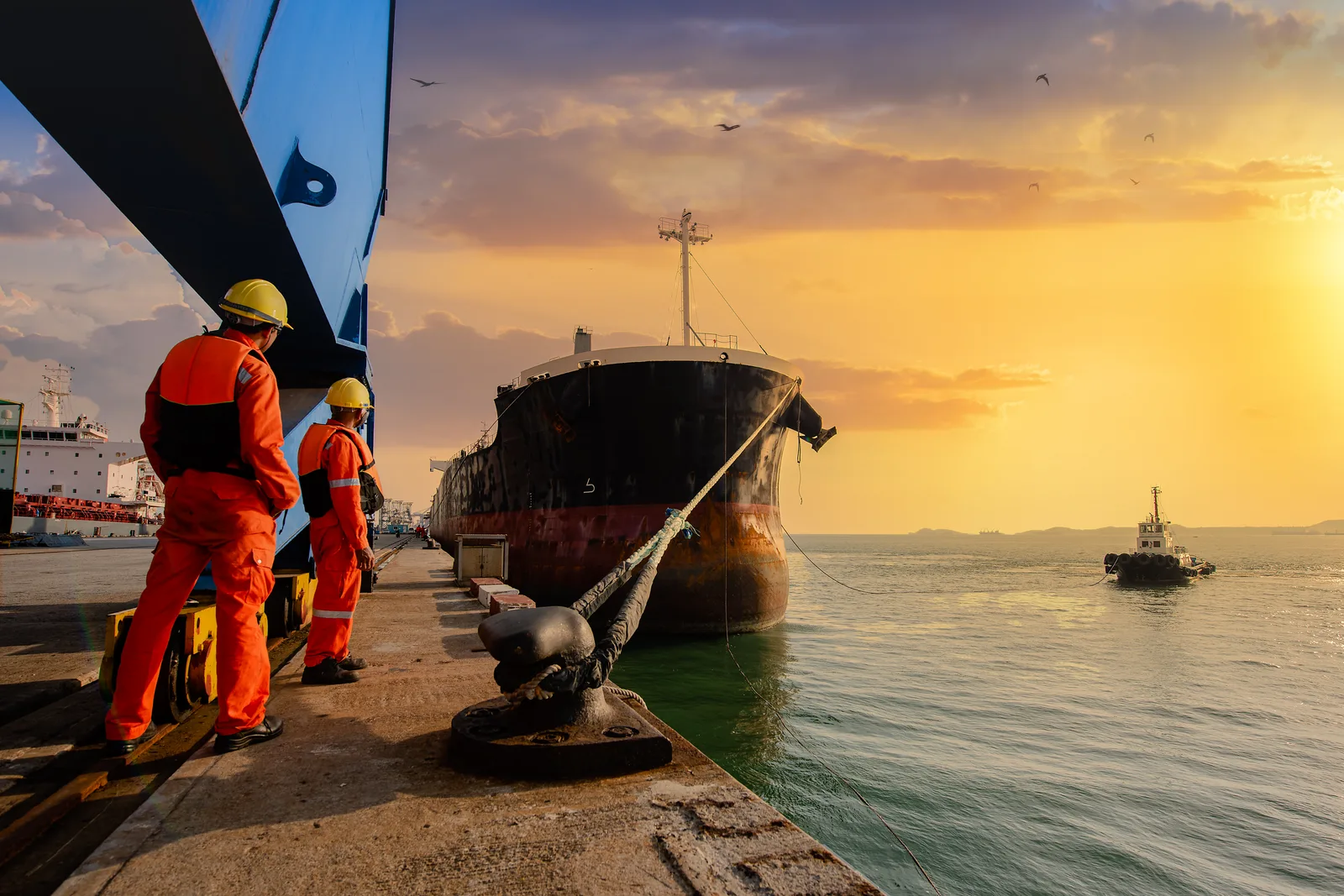 Maritime injury lawyer reviewing an offshore accident report and vessel photos with an injured seaman client at a law office conference table