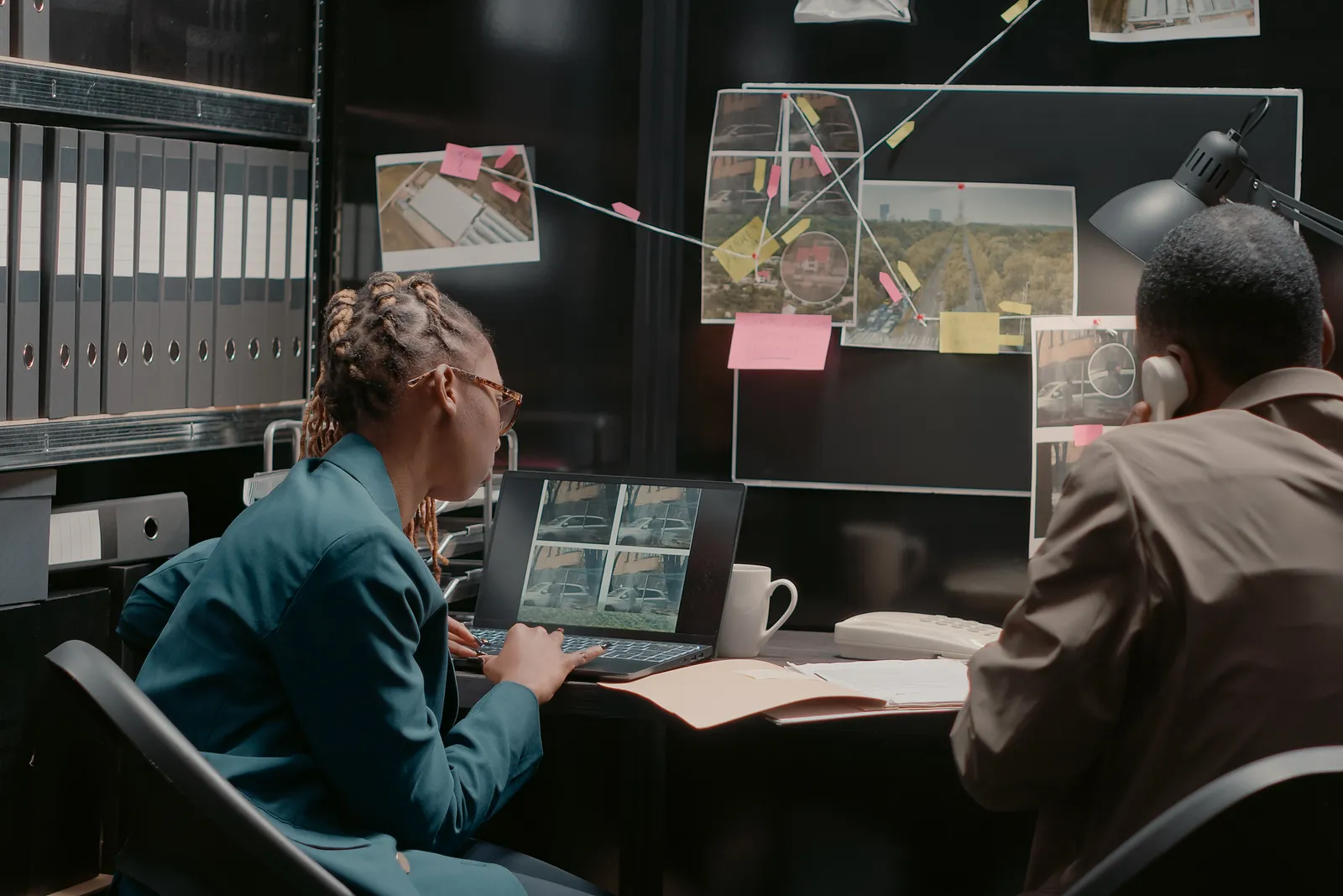 Attorney reviewing an apartment complex's security camera footage and a police incident report with a client at a law office conference table