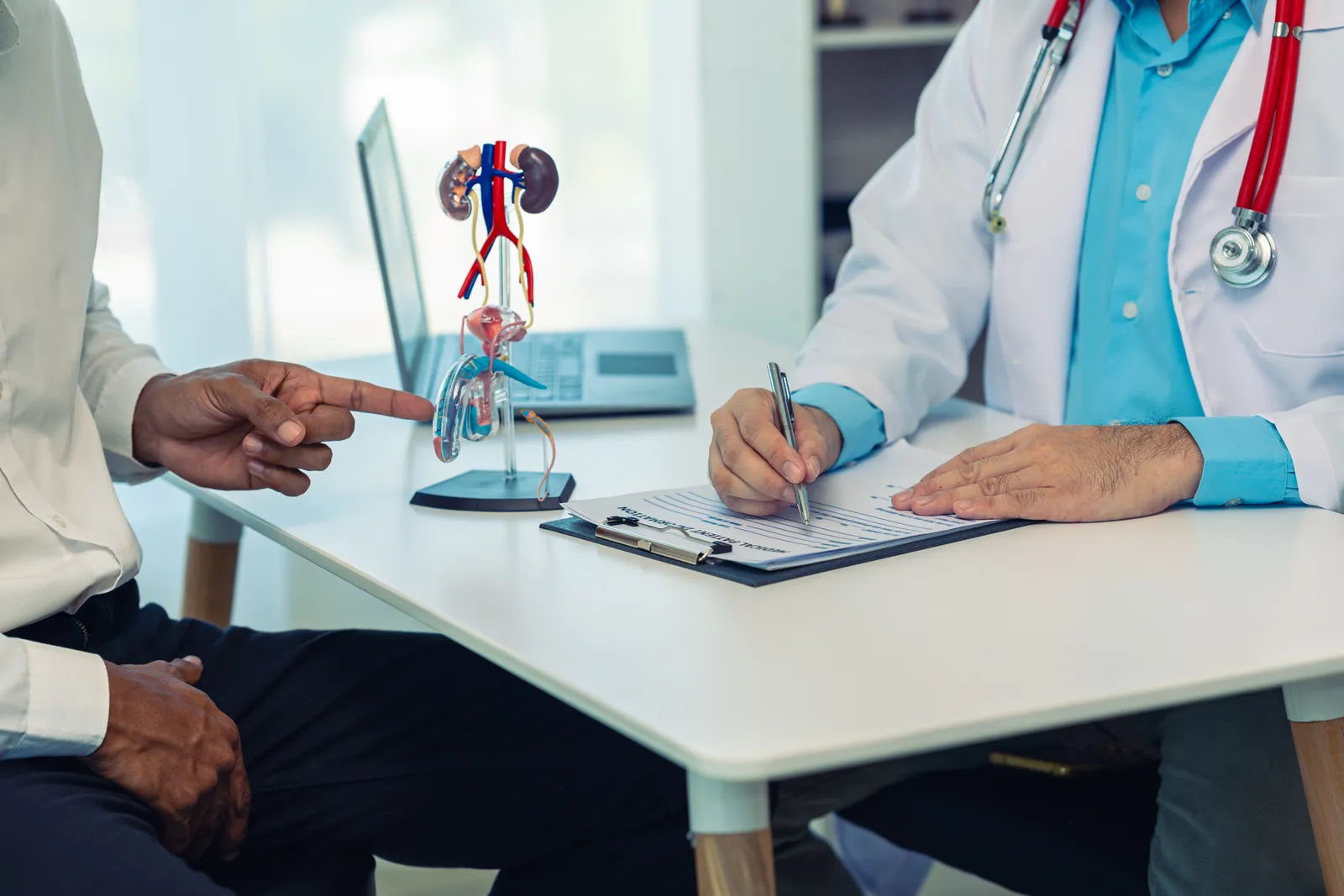 Nephrologist consulting with a patient about kidney function lab results in a clinic exam room