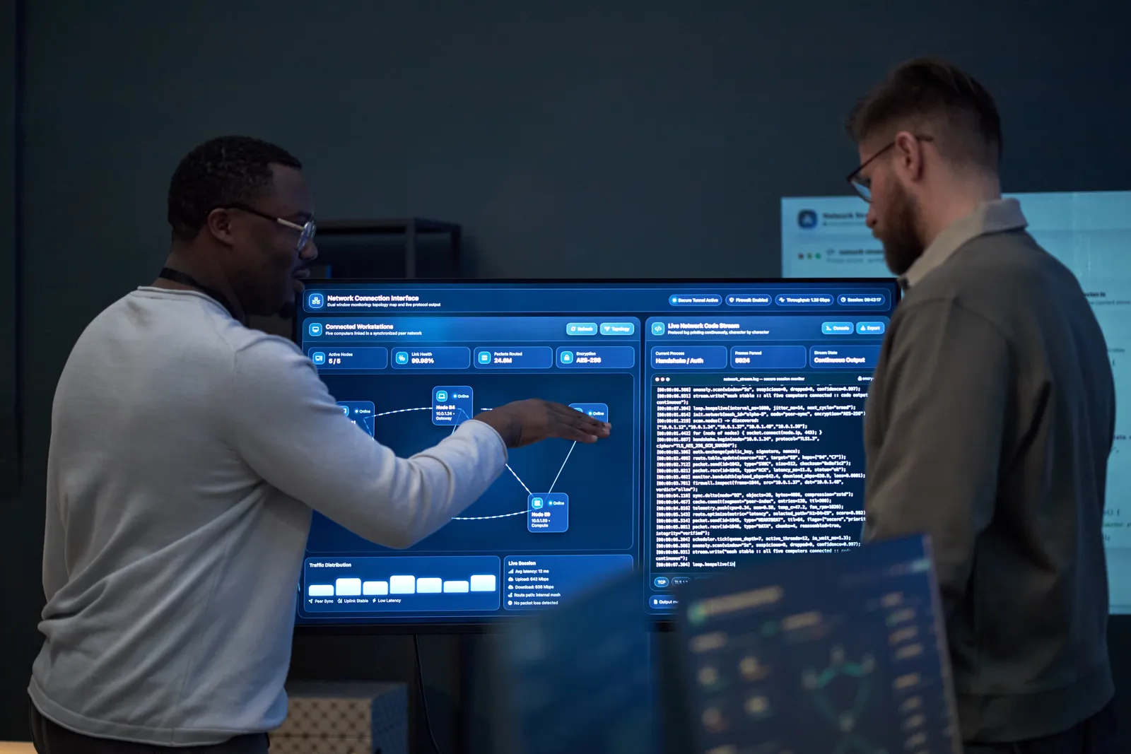 Network security engineers reviewing firewall rules and network traffic activity together on a monitor in a network operations center