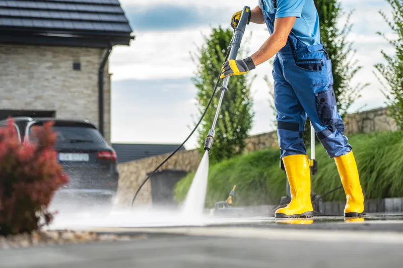 Worker pressure washing a dirty driveway