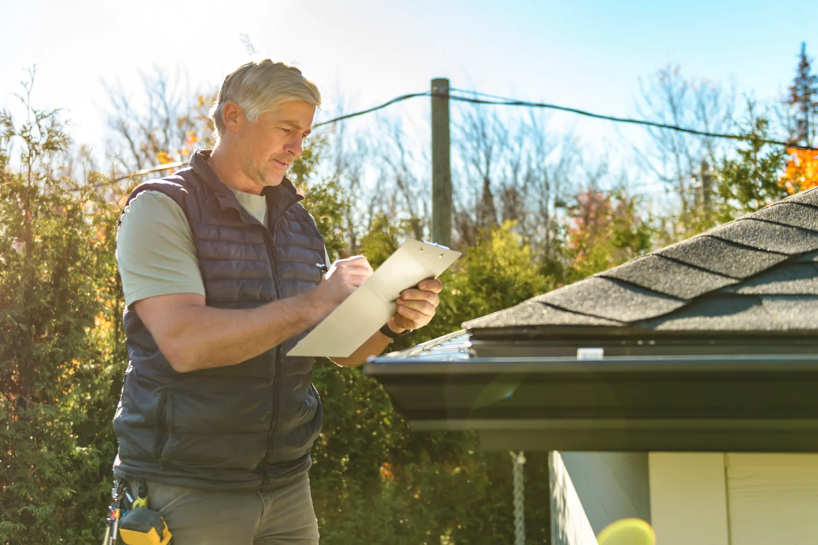 Public adjuster reviewing storm damage on a homeowner's roof and documenting the claim on a clipboard
