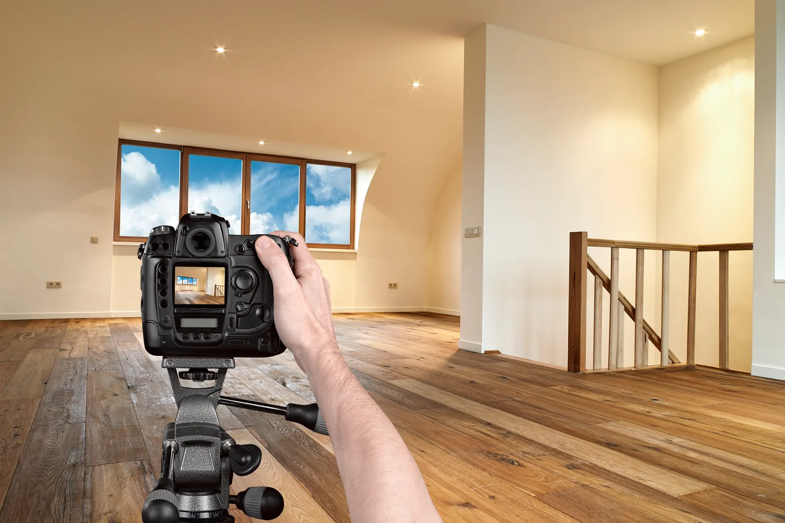 Real estate photographer setting up a camera on a tripod to shoot a bright, staged living room for an MLS listing