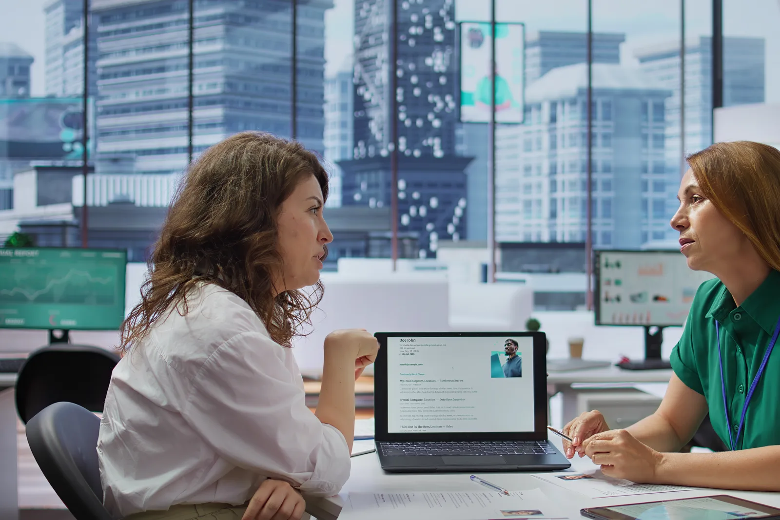 Talent-acquisition team reviewing an applicant tracking dashboard together on a laptop in their office