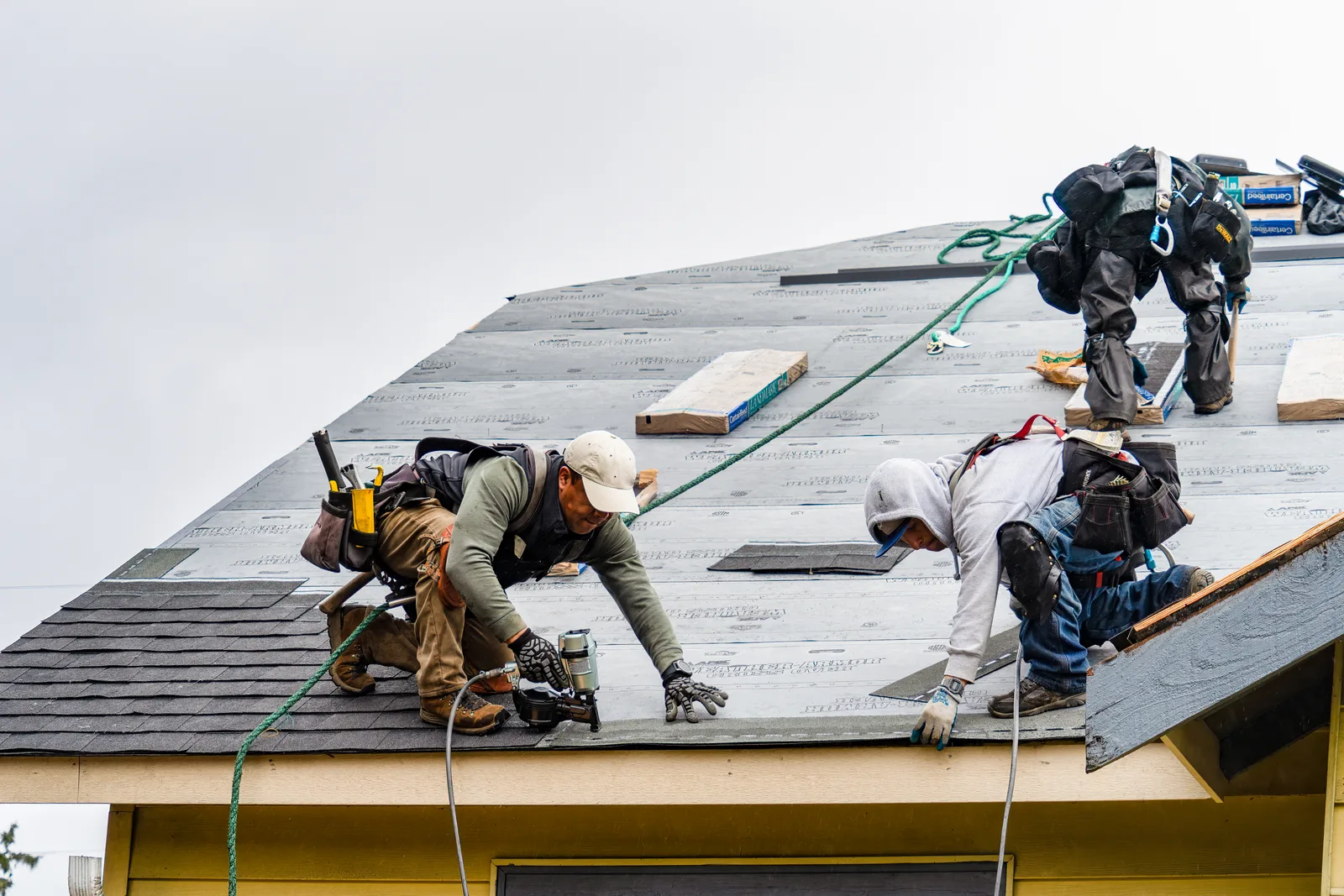 Two roofers fastening new asphalt shingles on the sloped roof of a suburban home