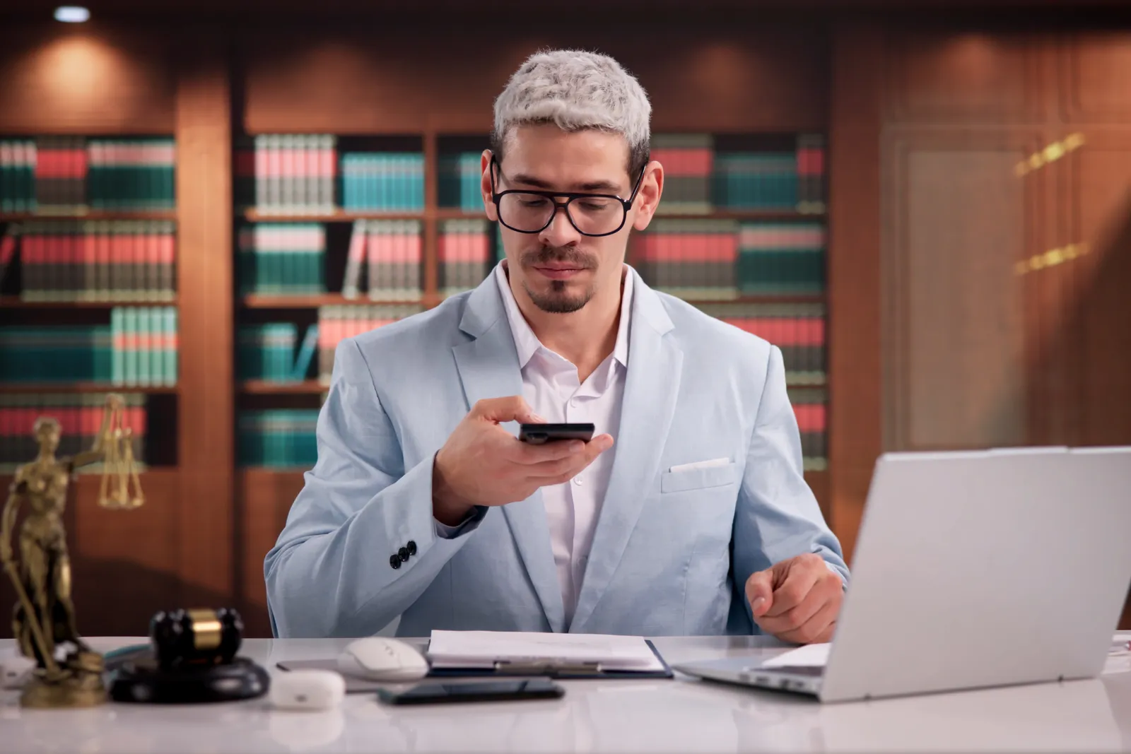 TCPA attorney reviewing a client's phone call log and screenshots of spam text messages at his desk