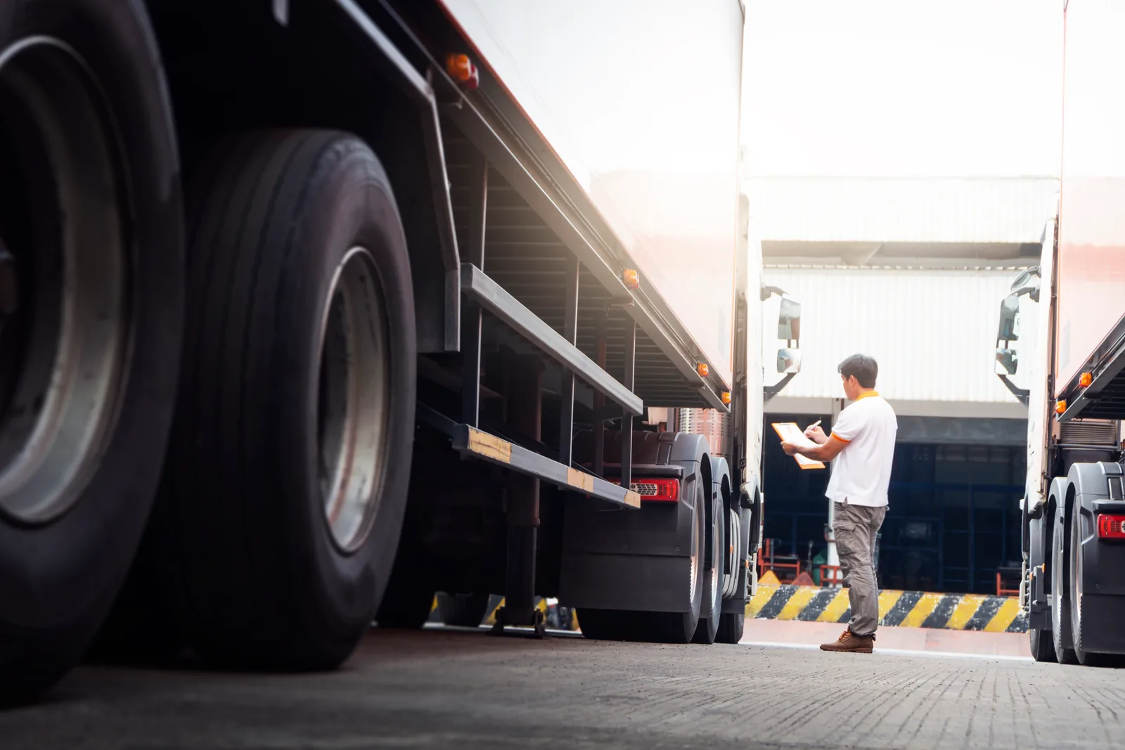 Truck driver checking a clipboard beside his semi-truck at a warehouse loading dock