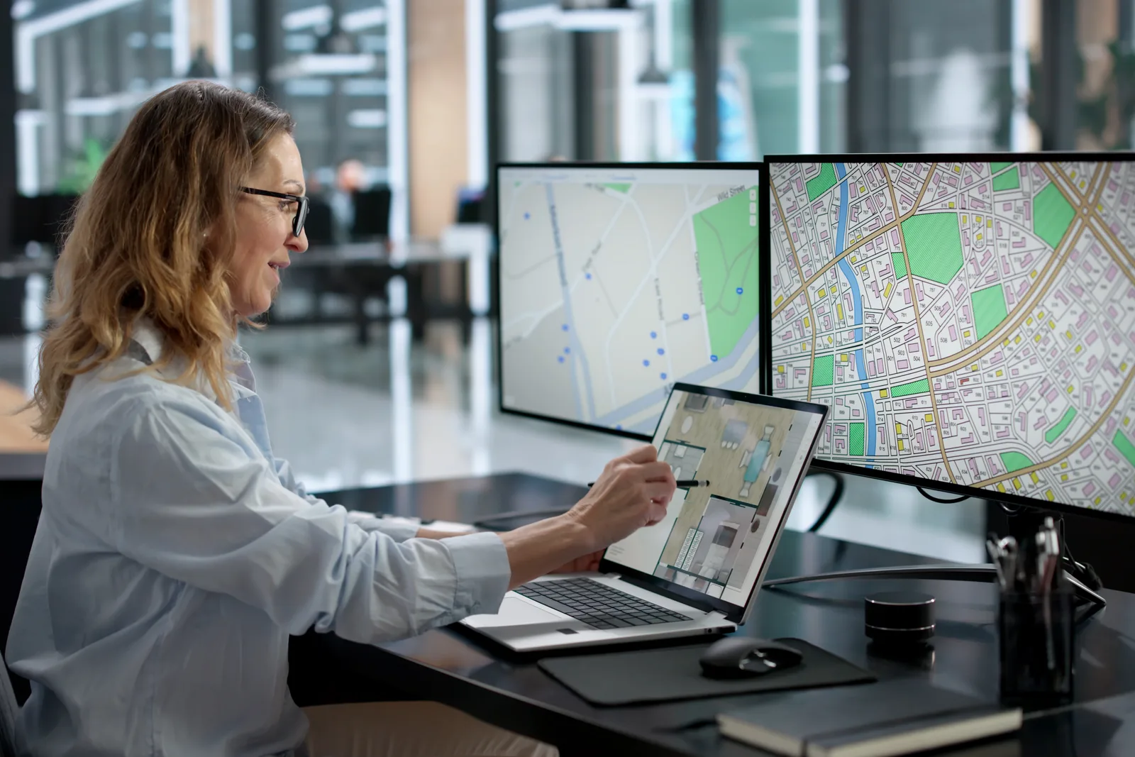 TMS software team reviewing a live dispatch board and fleet-tracking map together on a laptop