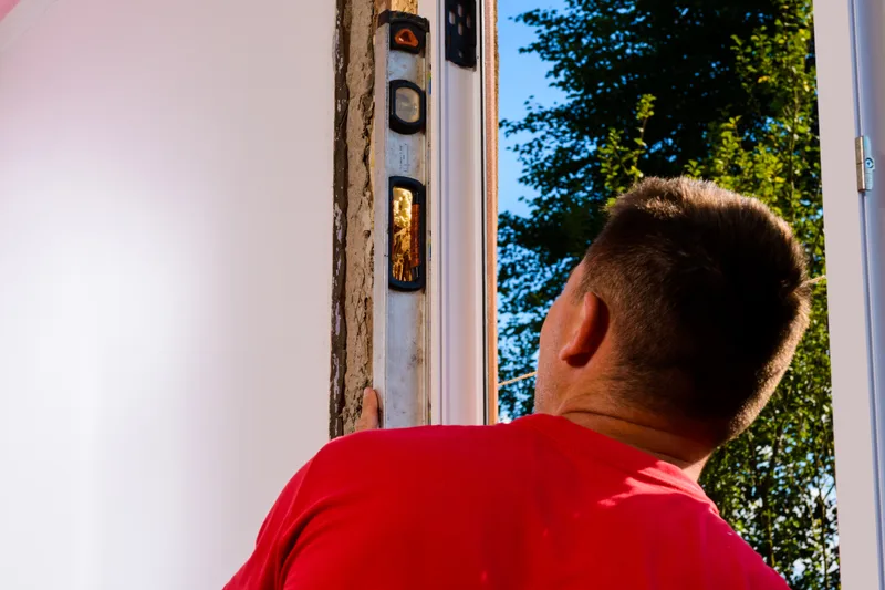 Installer fitting a new replacement window in a home