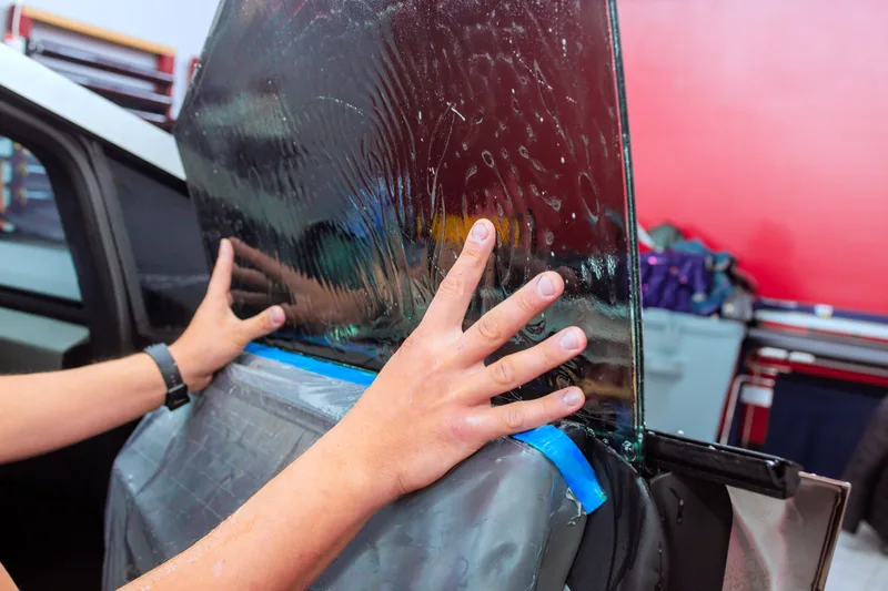 Installer applying tint film to a car window at an auto shop