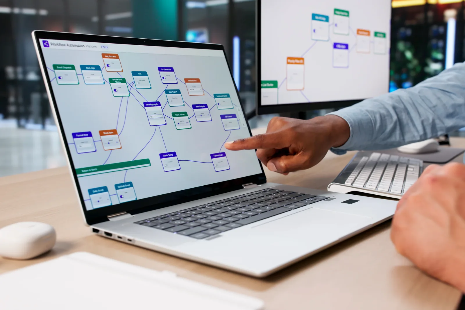 Operations team member mapping a multi-step automation workflow between connected apps on a laptop screen in an office