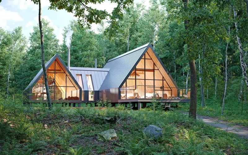 Twin A-frame cabins with glass gable ends at 1385 Hemlock Hill Drive, set among mature forest