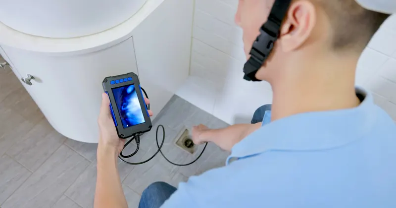 Inspector feeding a scope camera into a floor drain while watching the live video screen