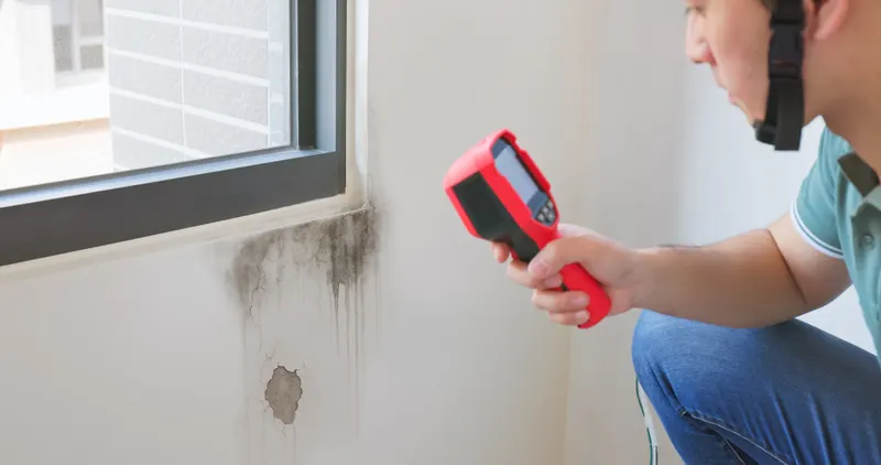 Technician pointing a thermal imaging camera at a moisture-stained wall beside a window