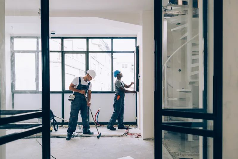 Two renovation workers in a bright, gutted room with new windows, working on the walls