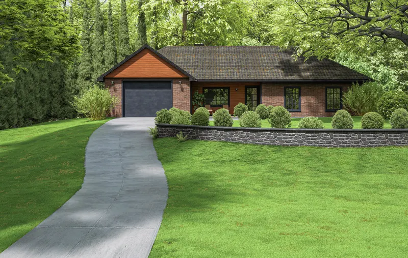 Brick-and-cedar ranch house with a dark shingle roof, stone garden wall and a curved concrete walk across a broad lawn