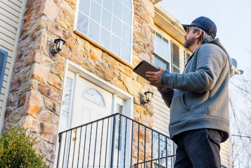 Home inspector recording exterior findings on a tablet in front of a stone-clad two-story house