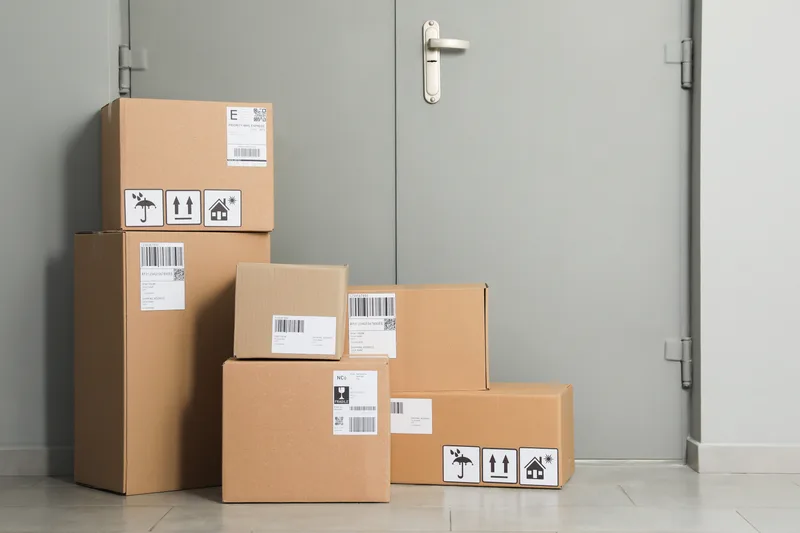 Stack of labeled shipping boxes waiting beside a gray steel door