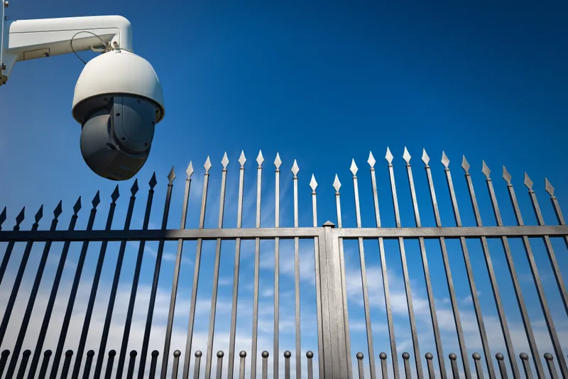 Security camera mounted above a tall steel fence under a blue sky