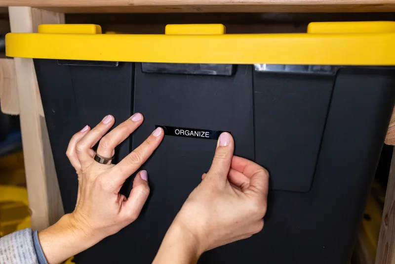 Hands sticking a label on a black and yellow storage tote
