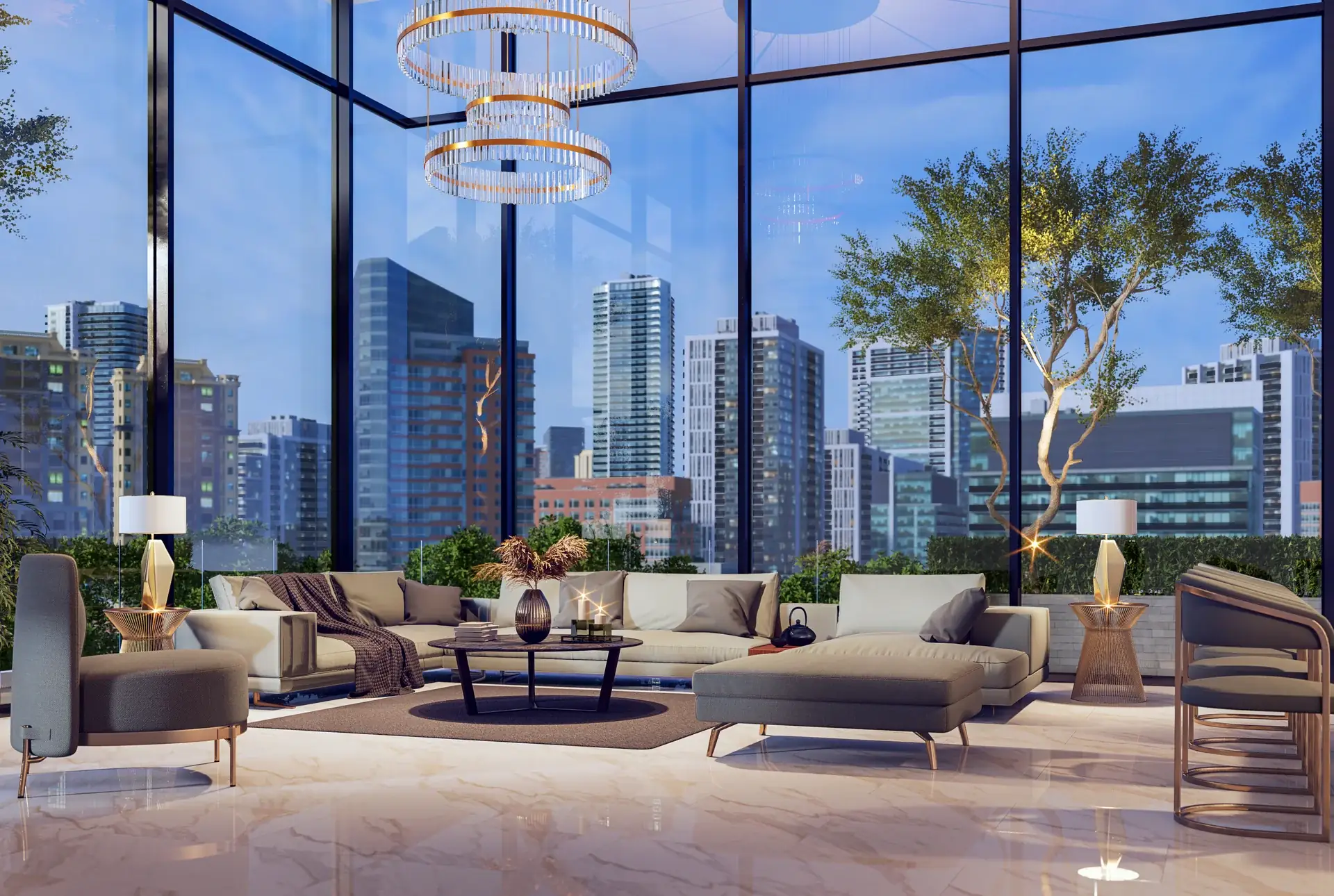 Penthouse 61's marble-floored lounge at dusk, a tiered brass chandelier hanging before floor-to-ceiling glass and the lit Alderport skyline