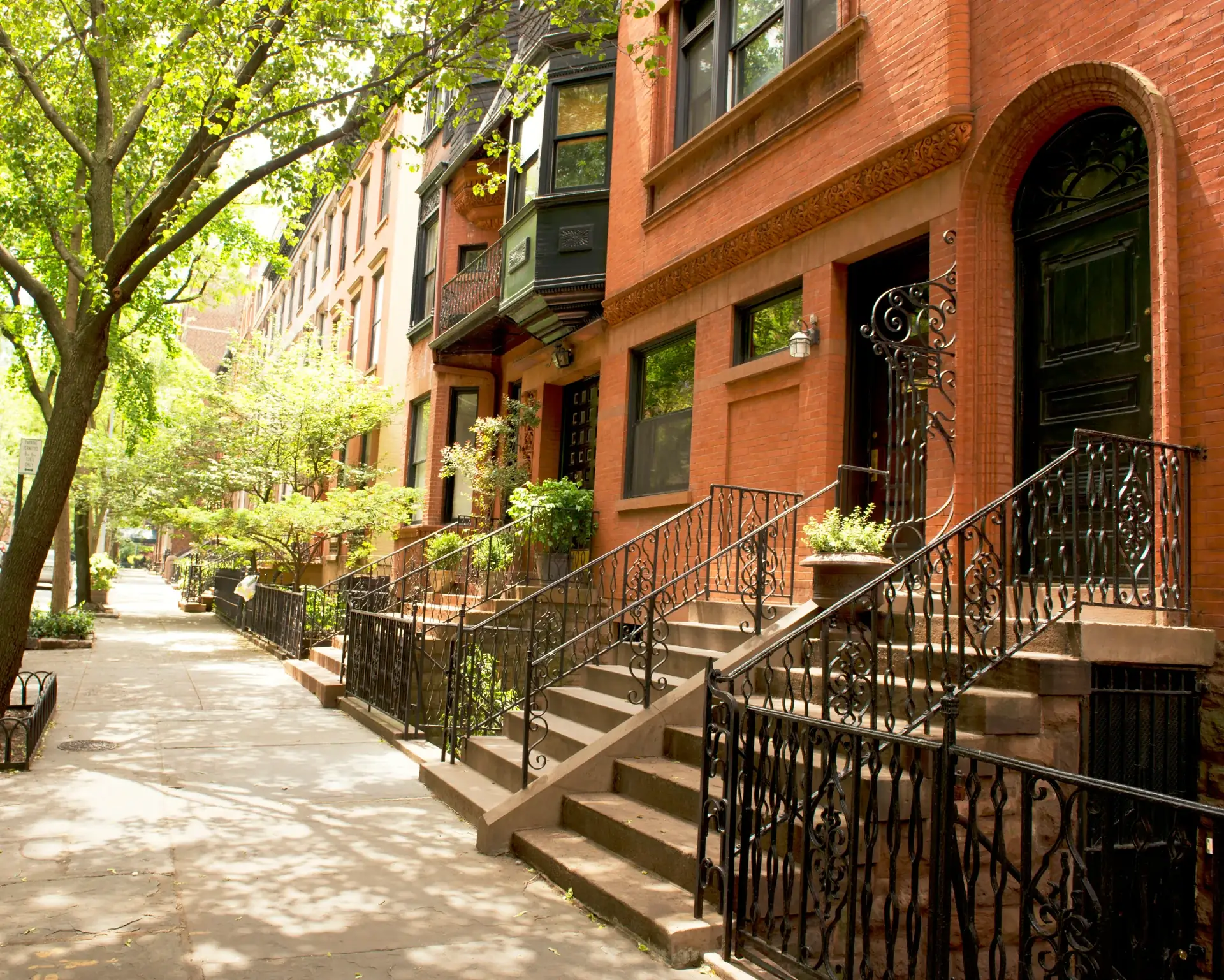 A leafy Rowan Hill sidewalk in high summer, wrought-iron rails and brick townhouse stoops in dappled light