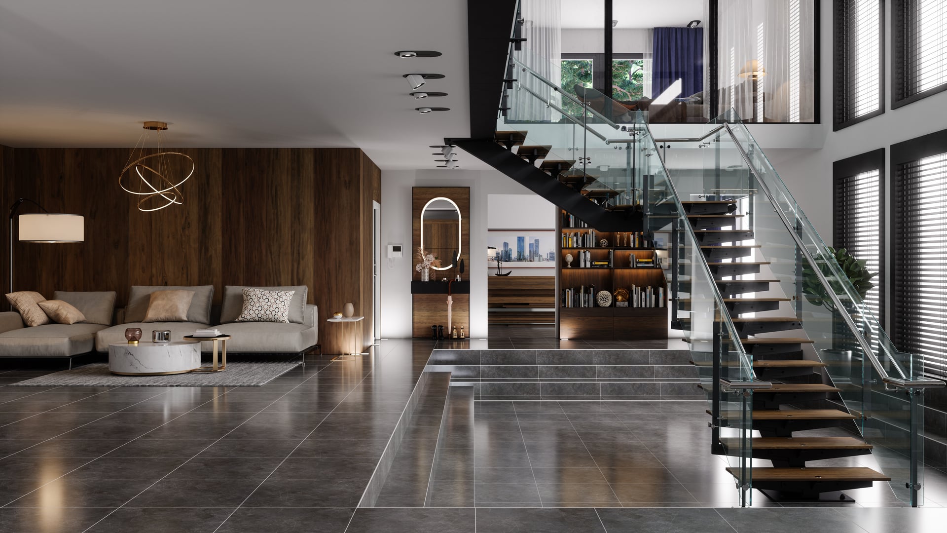Rendering of a double-height penthouse interior: a floating black-steel stair with glass balustrade, walnut feature wall and grey stone floor — artist's impression.