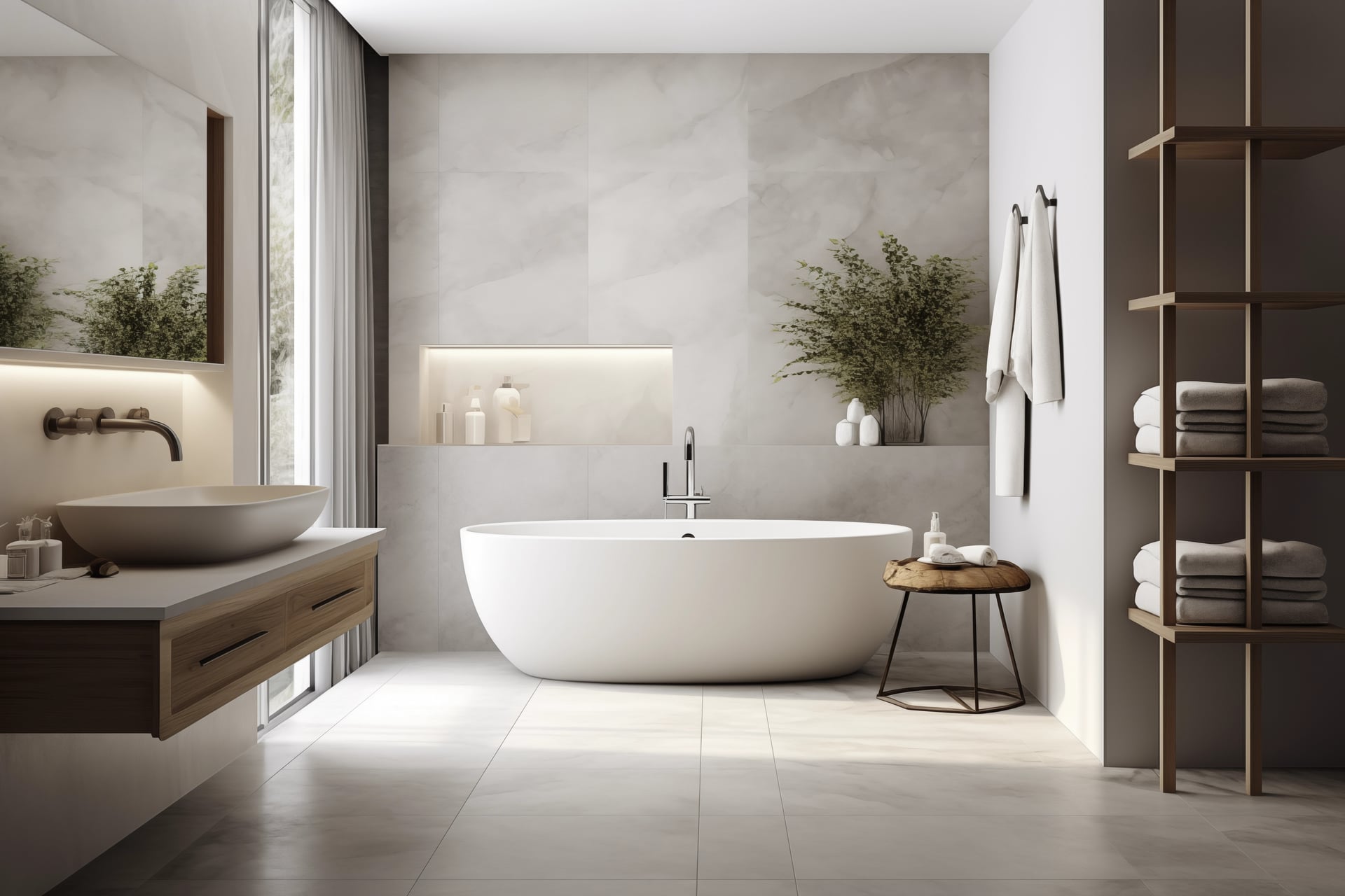 Dawn palette bathroom: a freestanding oval tub against honed grey-stone feature tile, pale flooring and a walnut open shelf tower — artist's impression.