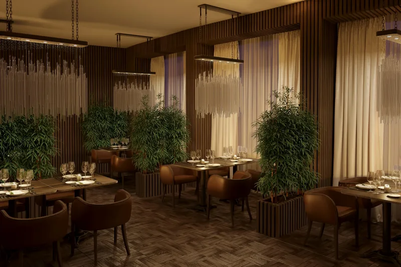The Solarium private dining room — warm fluted-wood walls, leather chairs at set tables, tall plants and sheer curtains softening the light
