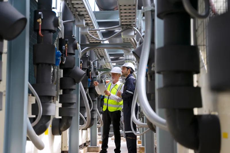 Two technicians in hard hats review a checklist between rows of insulated chiller piping in a commercial mechanical room