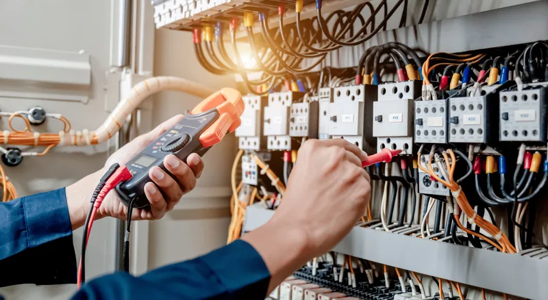 An electrician's hands hold a multimeter against a panel of breakers and color-coded wiring