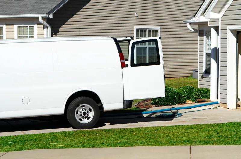 A white service van parked in a home's driveway with its side door open and a hose running to the house