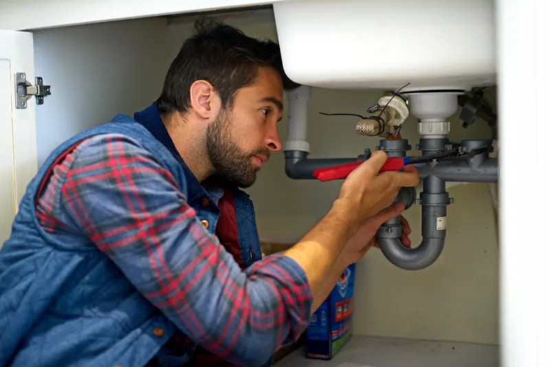 A plumber leans into a kitchen cabinet, tightening the P-trap under the sink with pliers