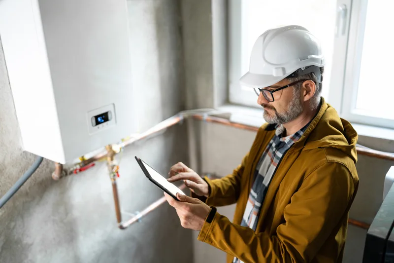 A maintenance technician in a hard hat checks a work order on a tablet beside a wall-mounted boiler