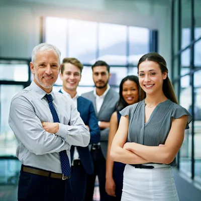 Five business partners standing together in a bright office, arms crossed and smiling
